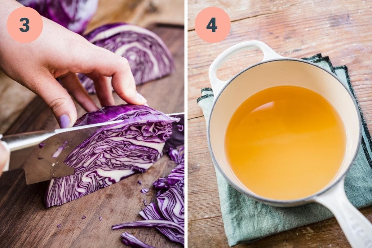 Slicing cabbage into thin strips and then heating up brining liquid.