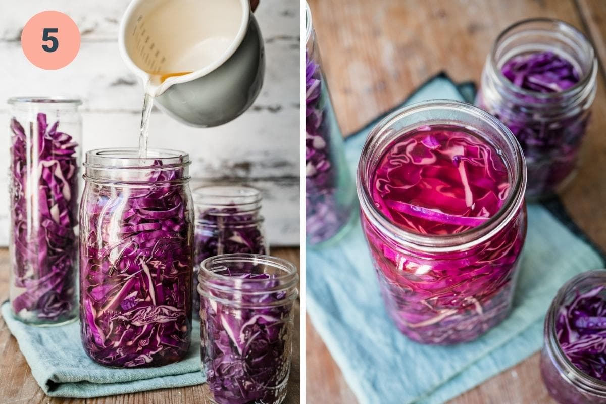 Pouring brine over cabbage slices.