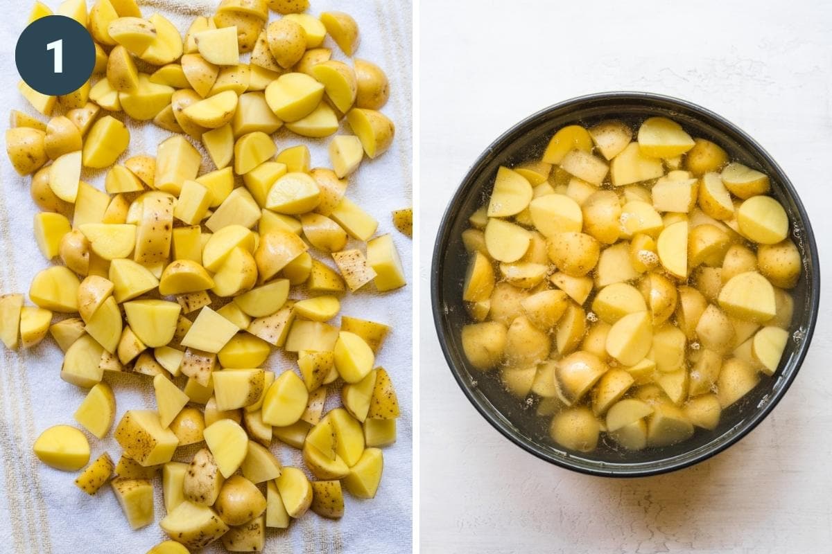 On the left: cubing potatoes. On the right: potatoes under water.