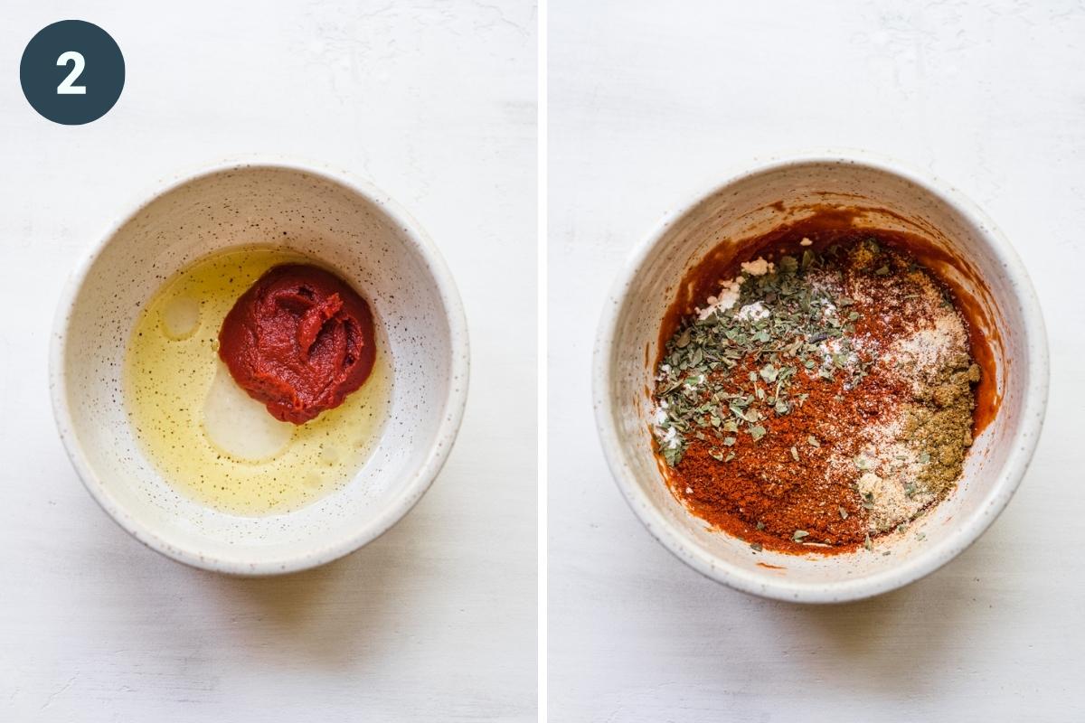 Stirring together spices, olive oil, lemon juice, and tomato paste.