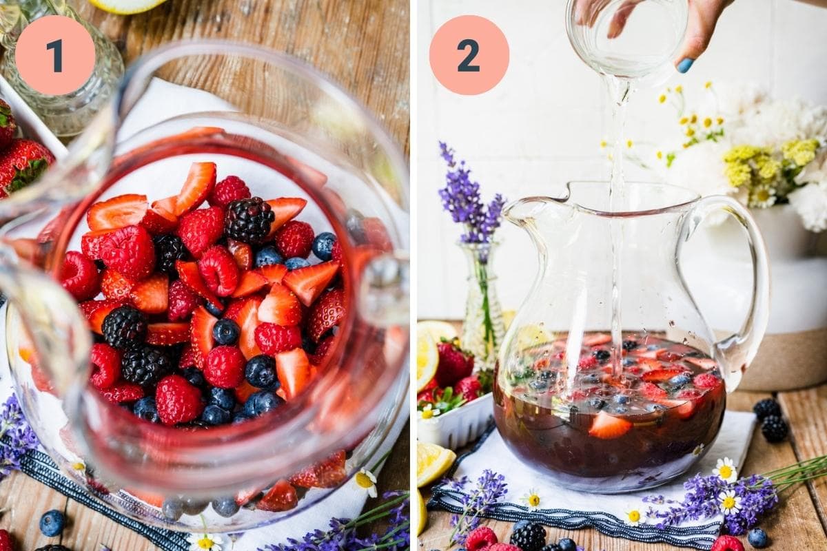 On the left: berries added to sangria pitcher. On the right: adding liquid to pitcher.