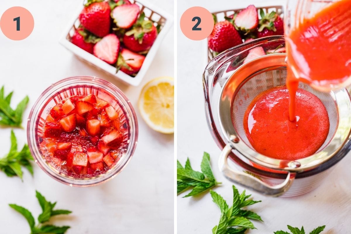 Right: ingredients in a blender.
Left: Blended mix being poured through sieve.