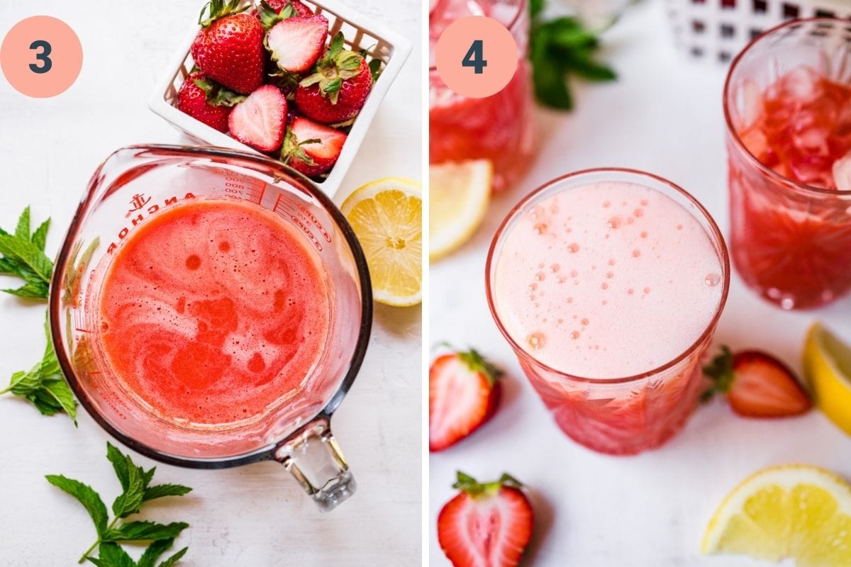 Right: finished juice in glass.
Left: glass with mixture topped with the tonic water.