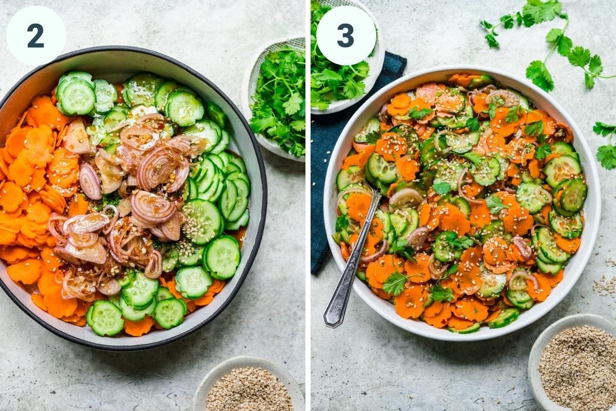 Before and after mixing together ingredients for carrot cucumber salad. 
