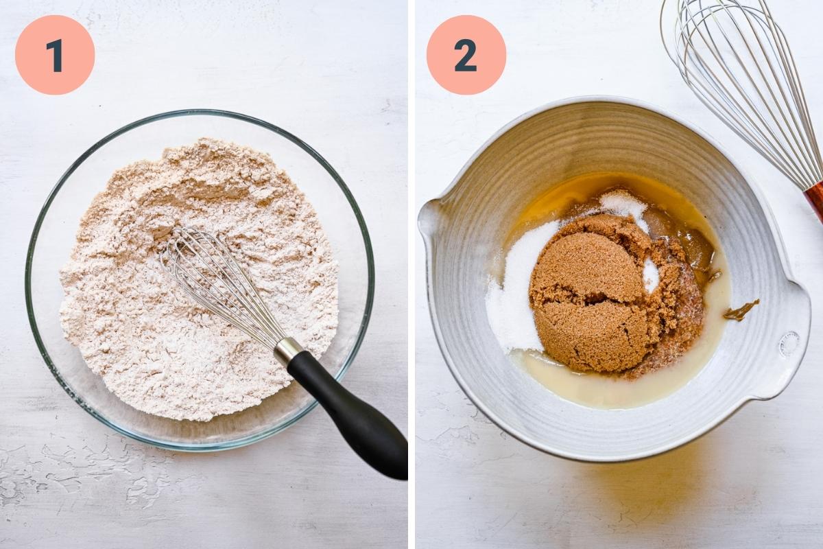 On the left: dry ingredients in bowl. on the right: wet ingredients before mixing. 