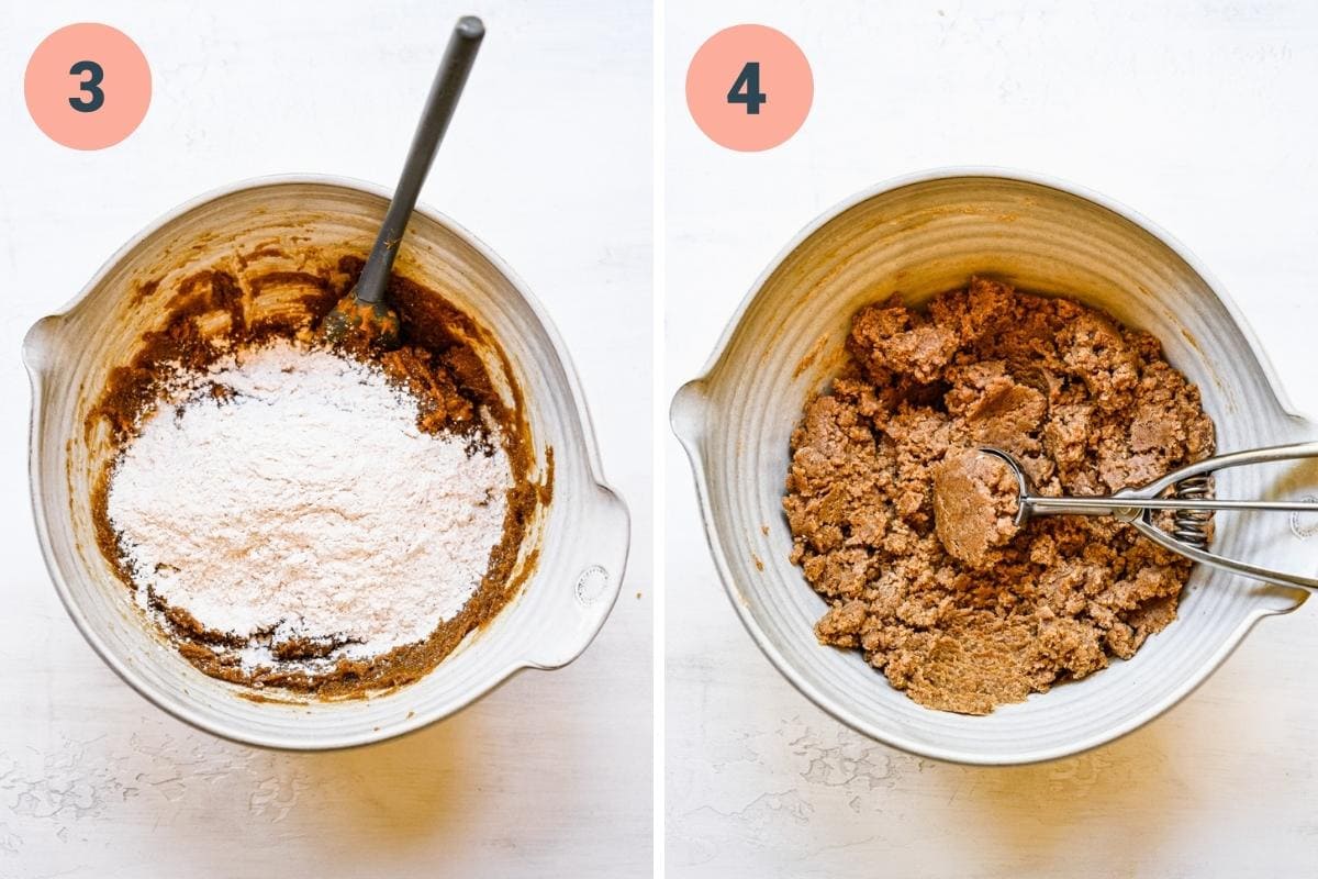 before and after mixing flour into sunbutter cookie dough.
