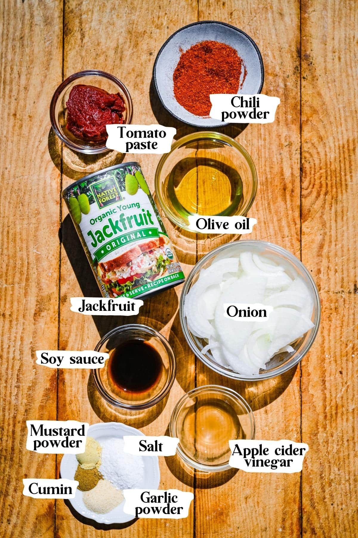 Overhead view of jackfruit burger ingredients.