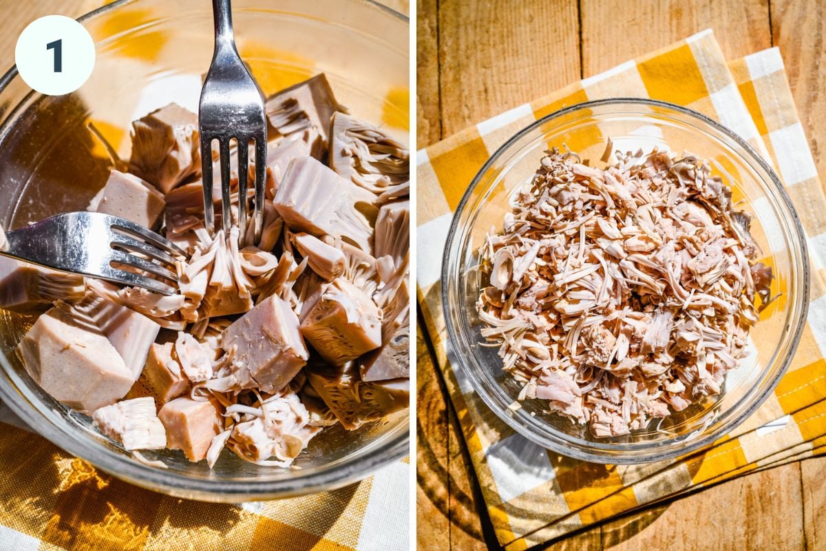 Shredded jackfruit into fine pieces.