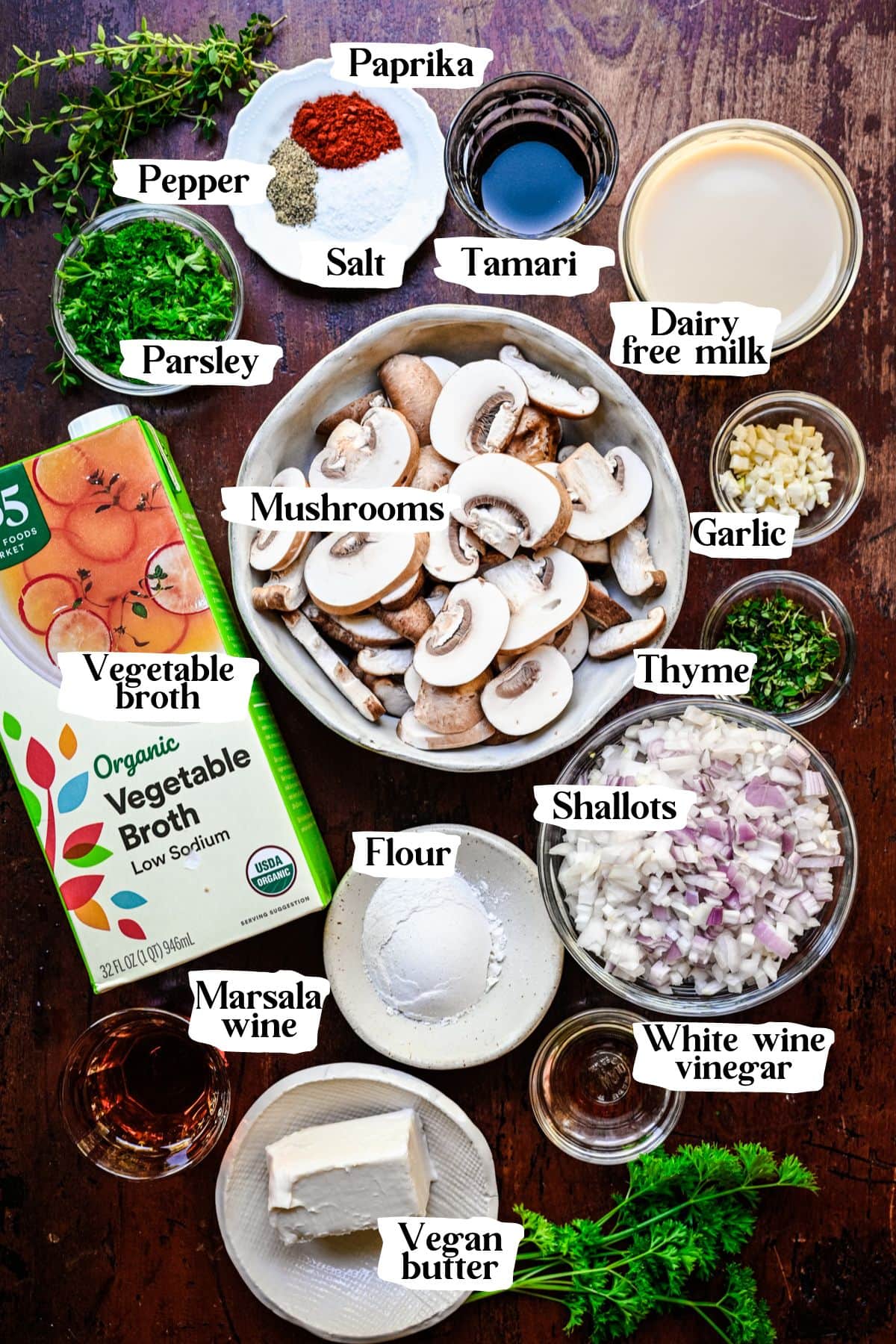 Mushroom soup ingredients including veggie broth, mushrooms and shallots.