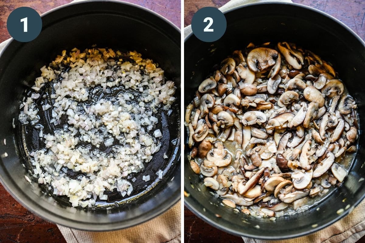 Left: shallots and garlic in pot. Right: adding mushrooms in.