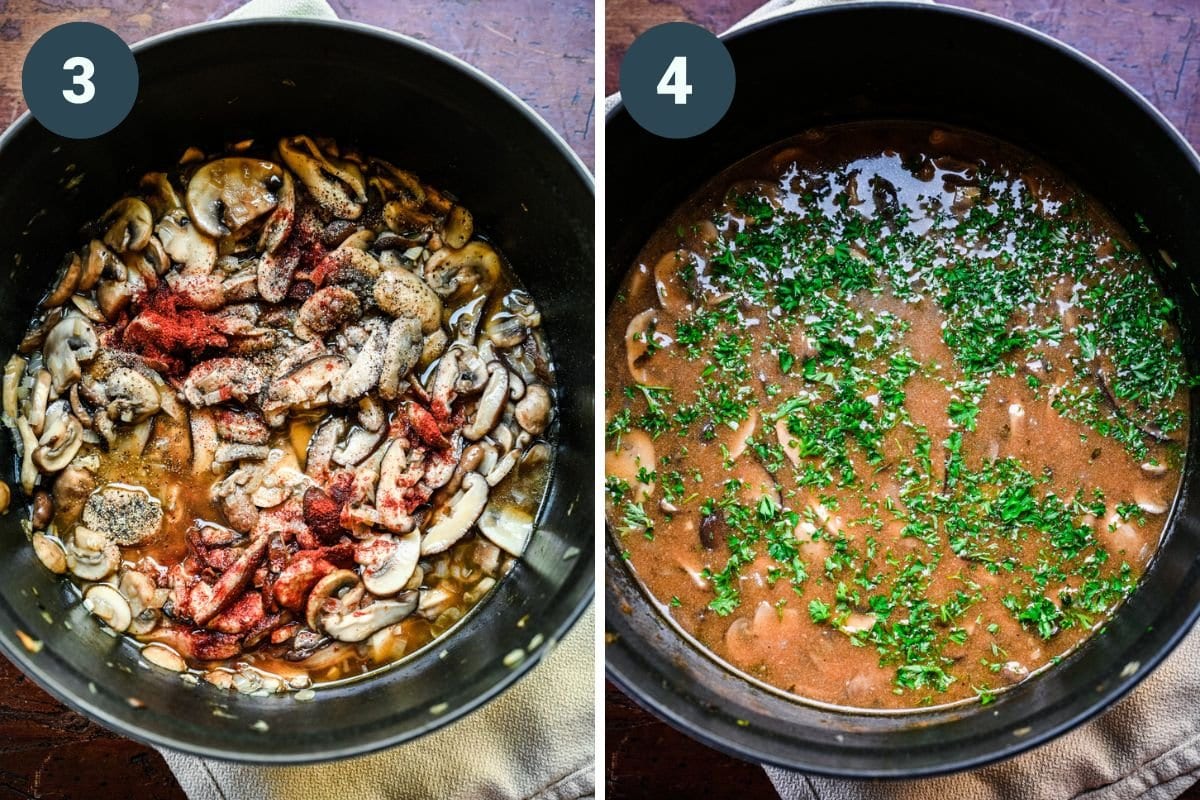 Left: adding spices into the mix. Right: adding the broths into the pot.