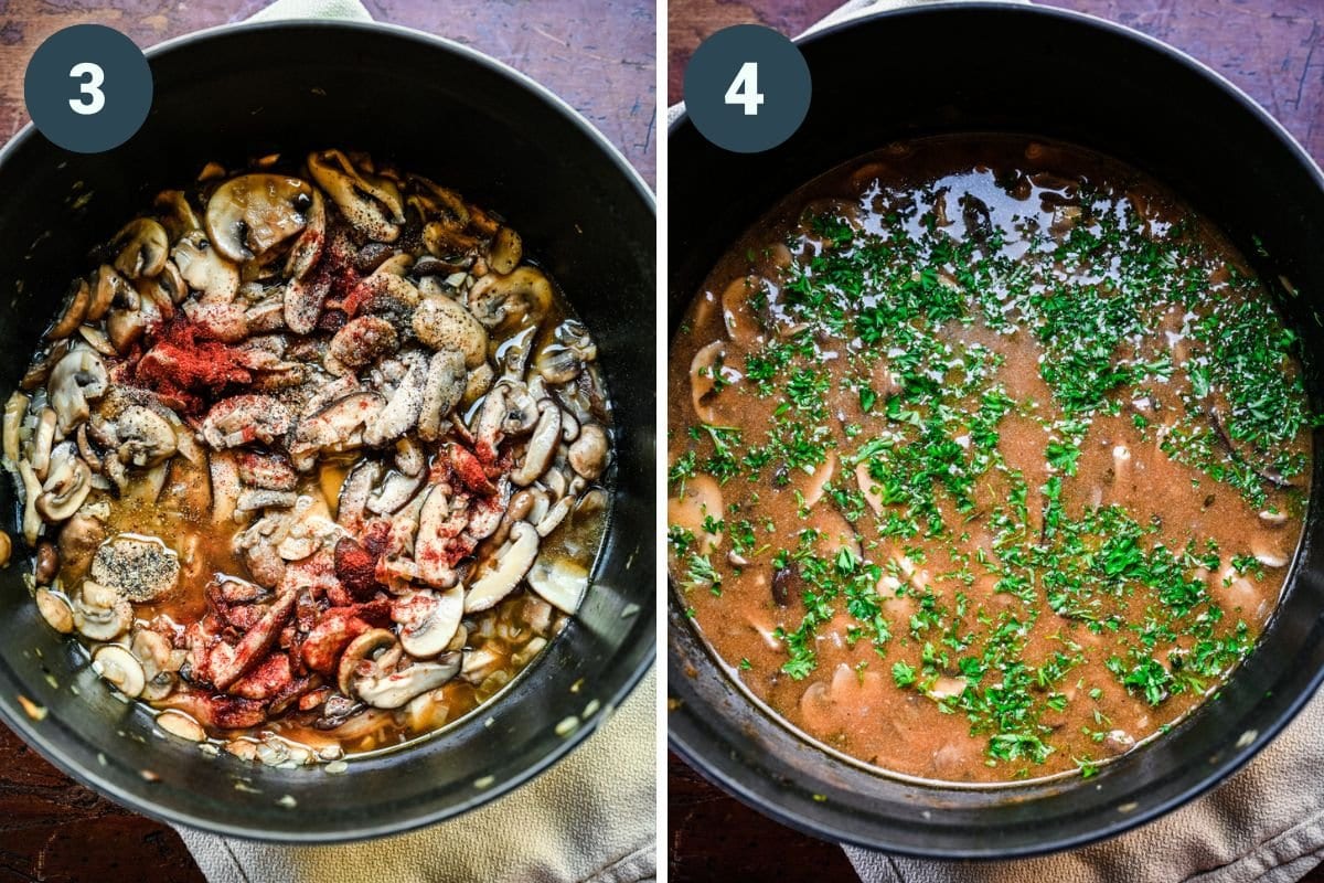 Left: adding spices into the mix. Right: adding the broths into the pot.
