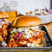 Finished jackfruit burgers on tray.