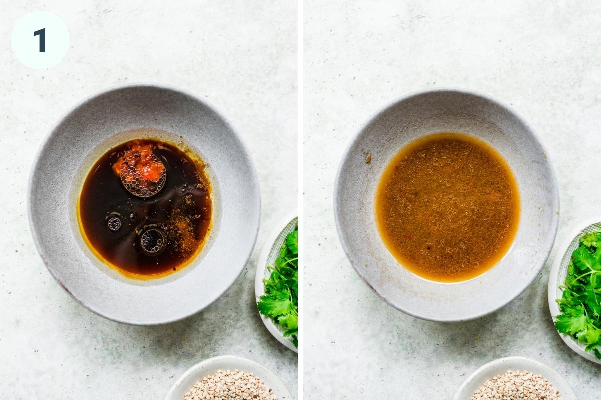 Before and after whisking together ingredients for sesame soy dressing. 