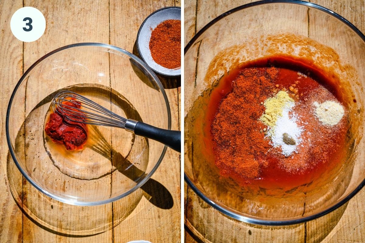 Stirring spices together in a glass bowl.