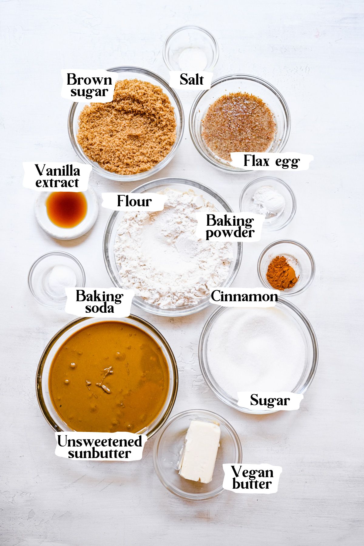 Sunbutter cookie ingredients including flour, sugar and a flax egg.