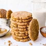 Close up of finished stacked sunbutter cookies.