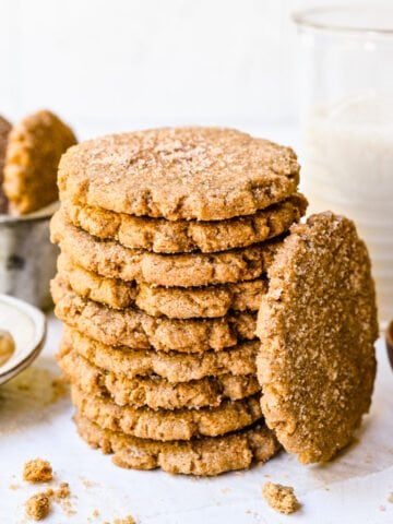 Close up of finished stacked sunbutter cookies.