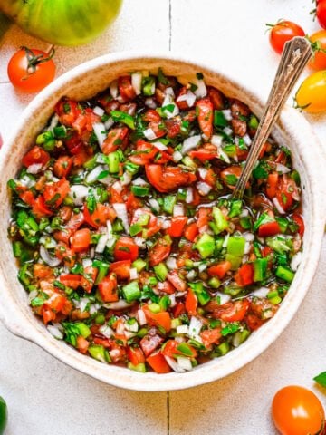 Close up of finished tomato relish in white bowl.