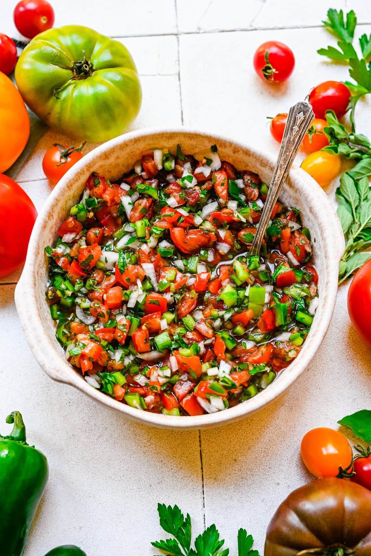 Finished tomato relish overhead in white bowl.