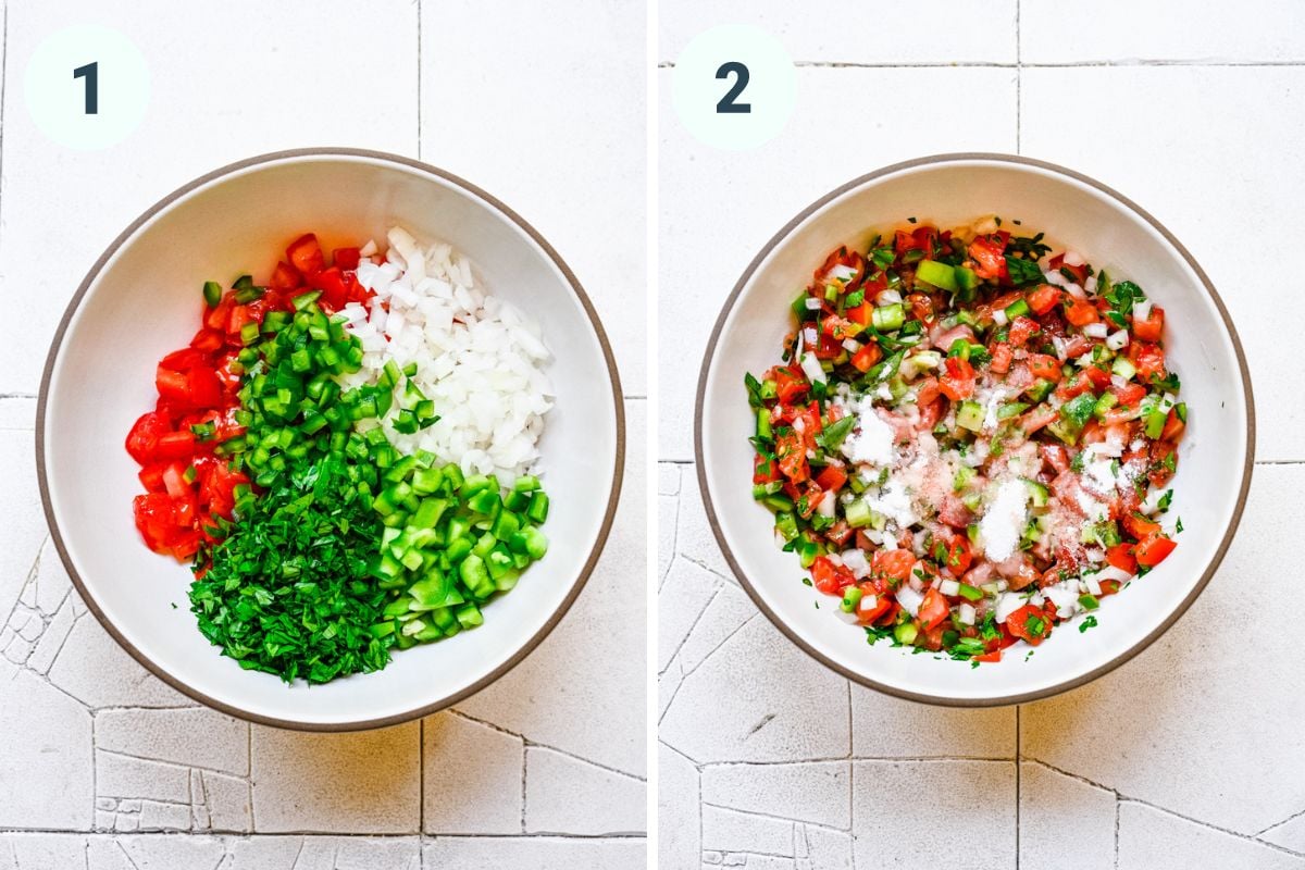 Left: chopped vegetables in white bowl. Right: adding the liquid and other ingredients in.