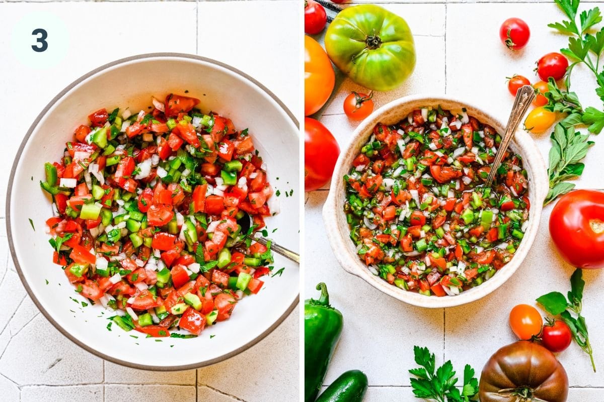 Finished tomato relish in white bowl.