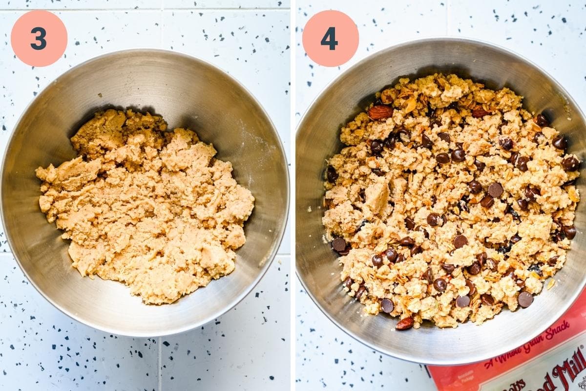Cookie dough in bowl before and after adding chocolate chips and granola. 