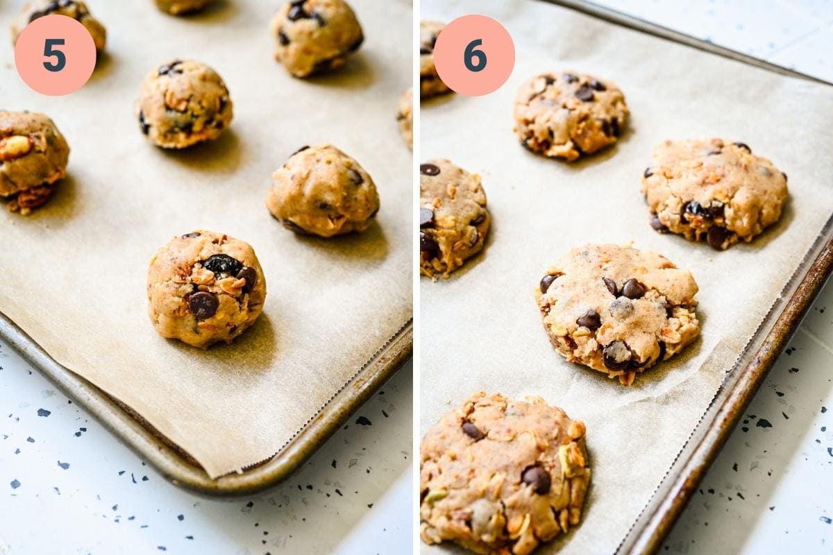 Cookie dough balls before and after flattening on cookie sheet. 