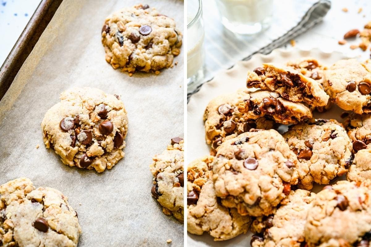 Close up views of granola cookies after baking. 