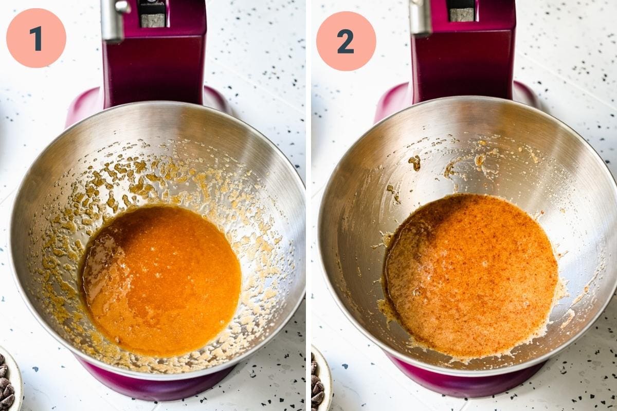 Wet cookie dough mixture in stand mixer bowl. 