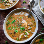 Finished mushroom soup served in bowls.