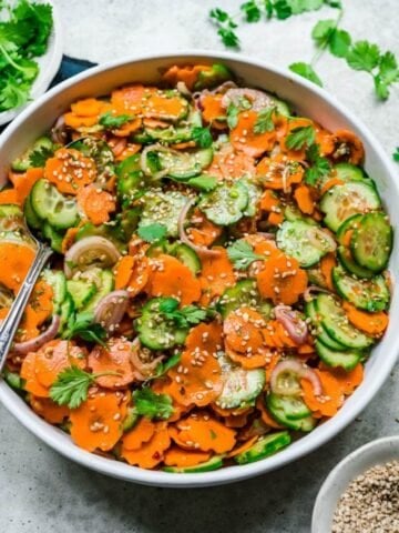 Overhead view of carrot cucumber salad.