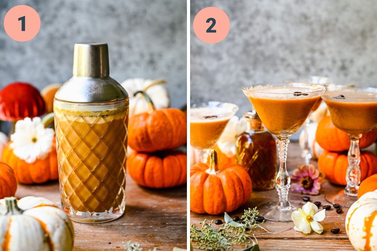 Left: cocktail ingredients in a shaker. Right: finished cocktails poured into glasses.