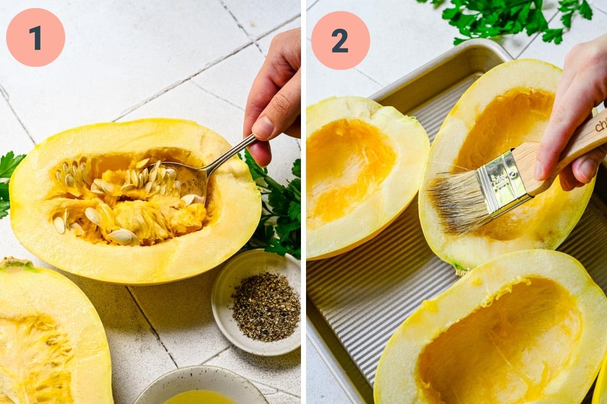 On the left: scooping seeds out of spaghetti squash. On the right: brushing with olive oil.