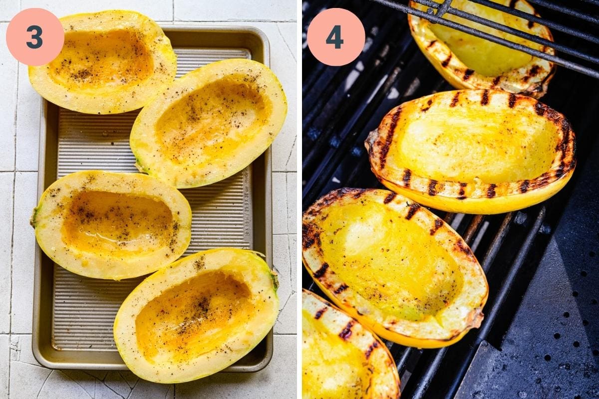 On the left: seasoning squash. On the right: grilling squash.