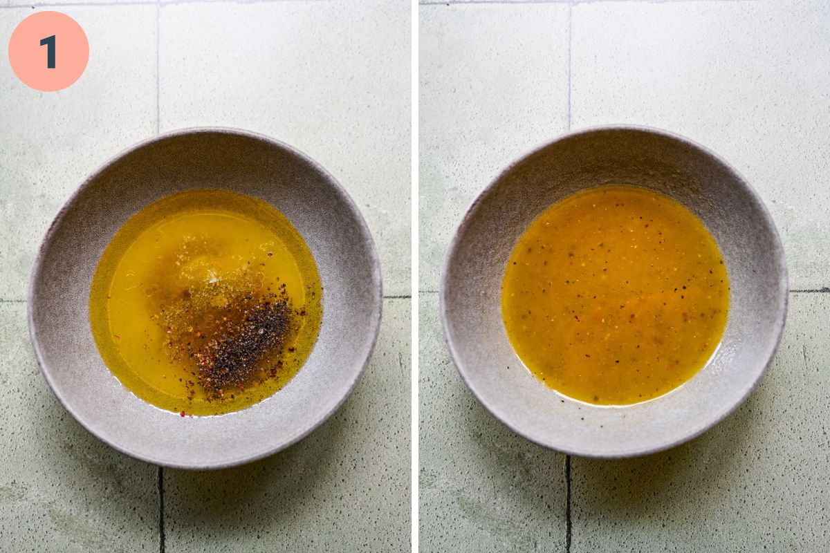 Left: couscous dressing prior to whisking. Right: finished dressing for the salad.