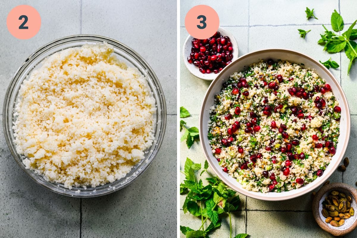 Left: couscous made in a bowl. Right: finished pomegranate couscous salad.