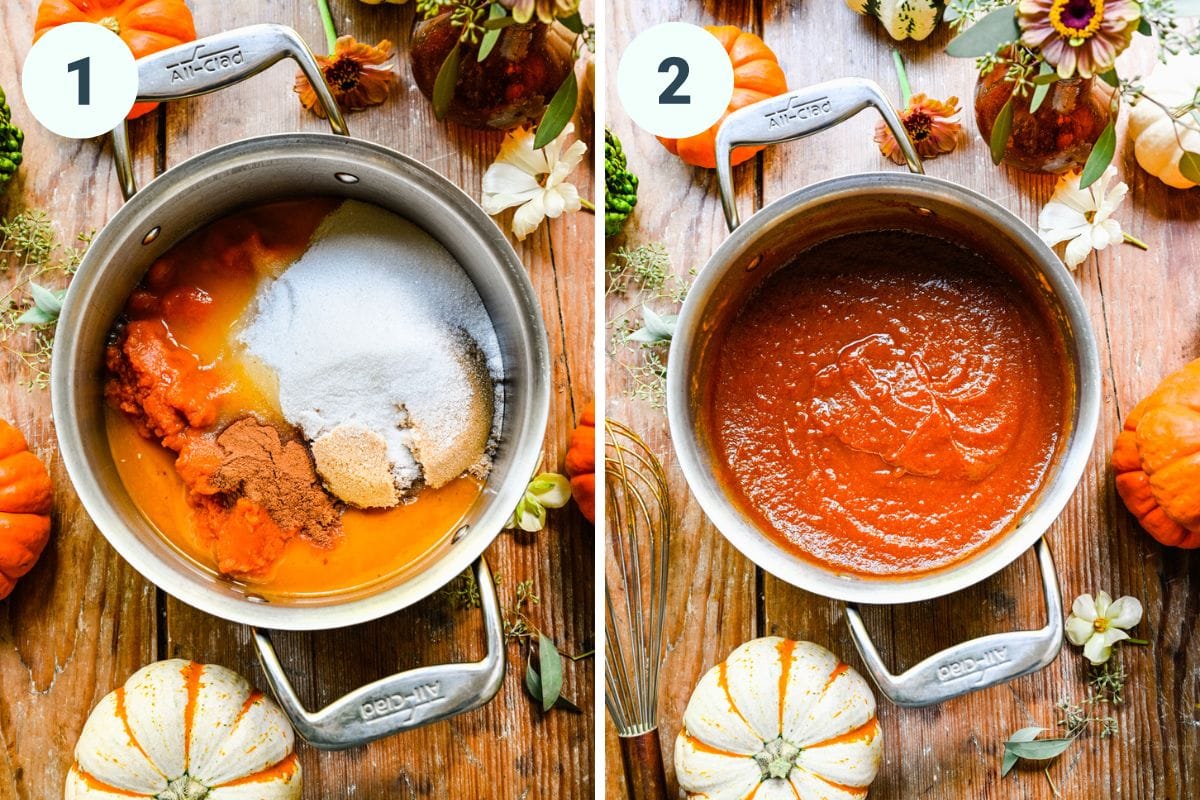 Left: all ingredients in a saucepan. Right: ingredients mixed together in a saucepan.
