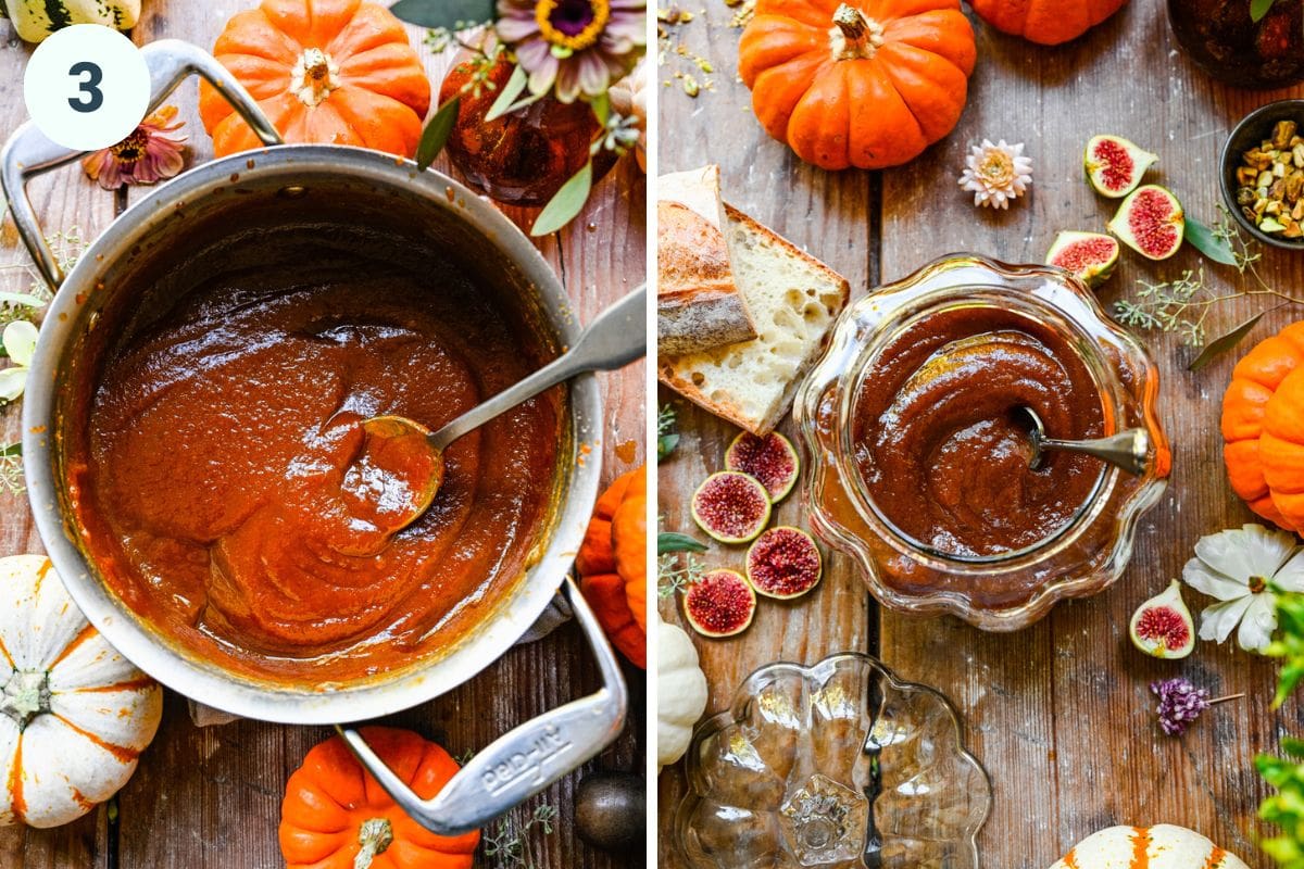 Left: thickened mixture in a saucepan. Right: finished pumpkin butter. 