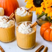 Close up of finished pumpkin pie smoothies.