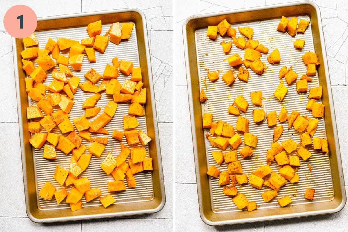 Left: pumpkin prior to roasting on sheet pan. Right: pumpkin after roasting on sheet pan.