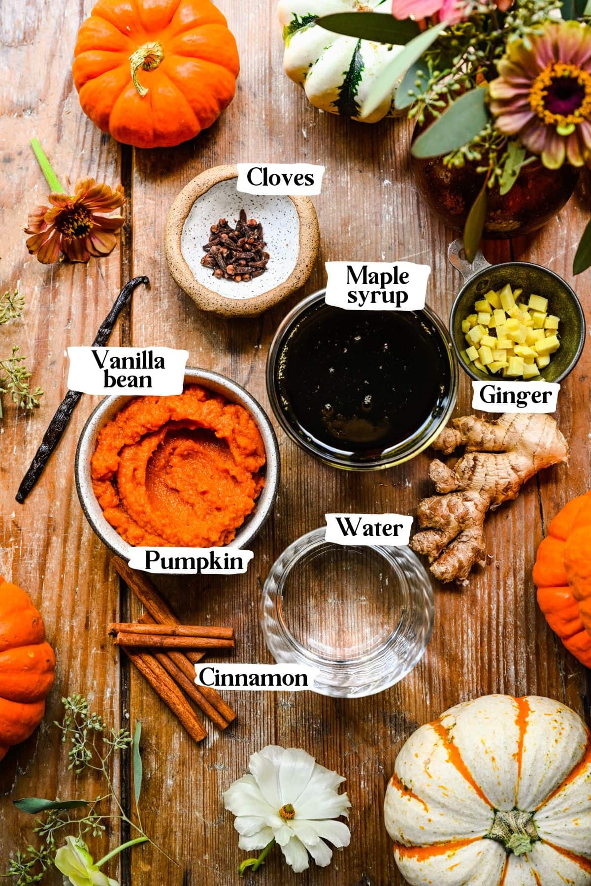 Pumpkin spice simple syrup ingredients including pumpkin and maple syrup.