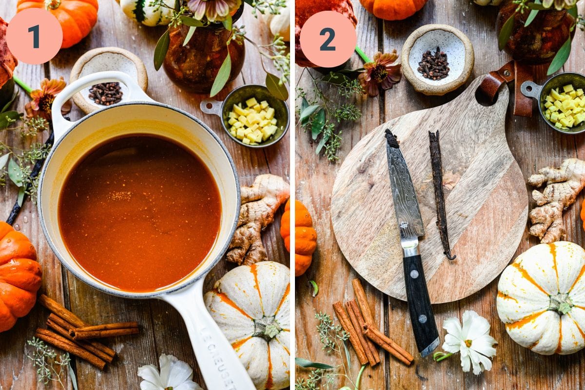 Left: liquid ingredients in a saucepan. Right: scraping the vanilla bean.