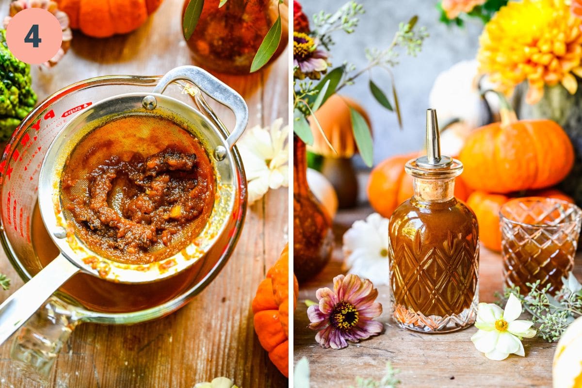 Left: Straining the mixture in a sieve. Right: finished simple syrup.