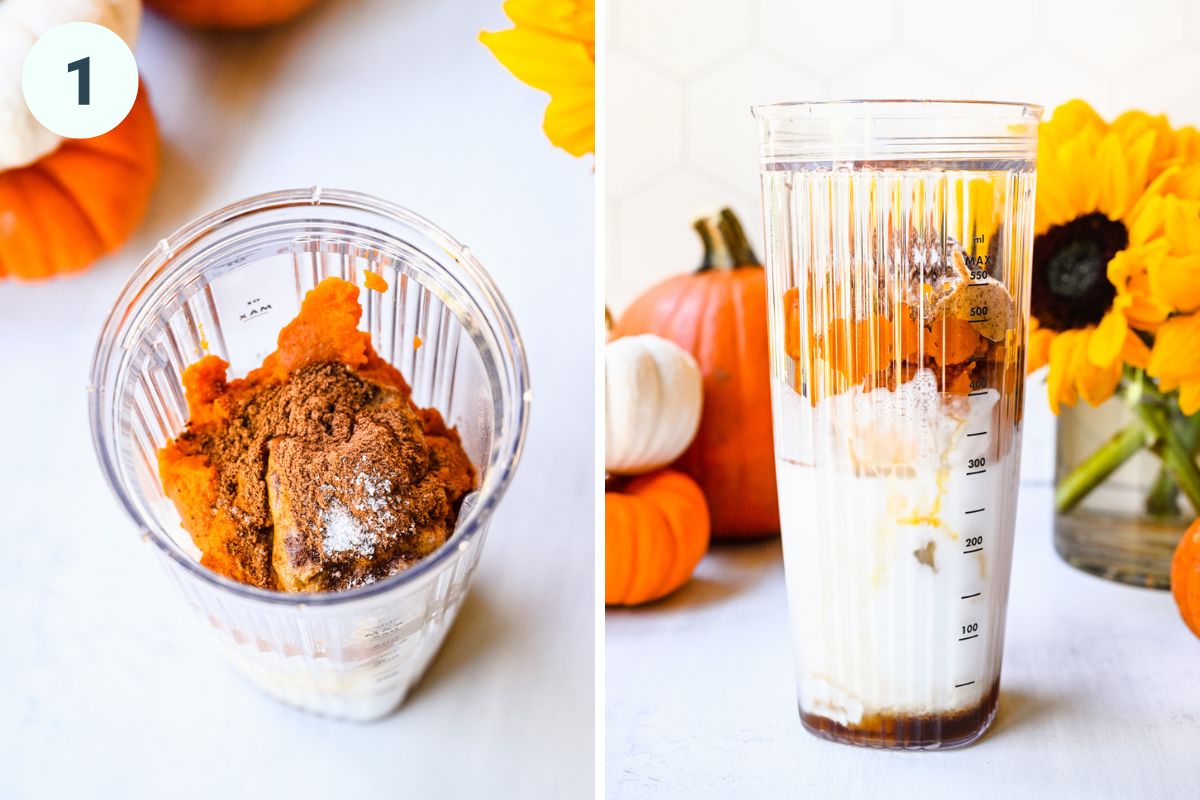 Pumpkin pie smoothie ingredients in a blender.