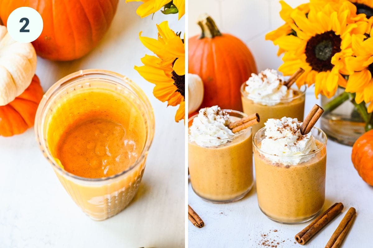 Left: blended smoothie in the blender. Right: finished smoothies in glasses.