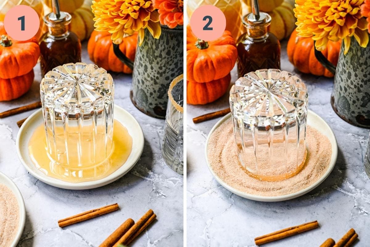 On the left: dipping glass into maple syrup. On the right: dipping glass into sugar.