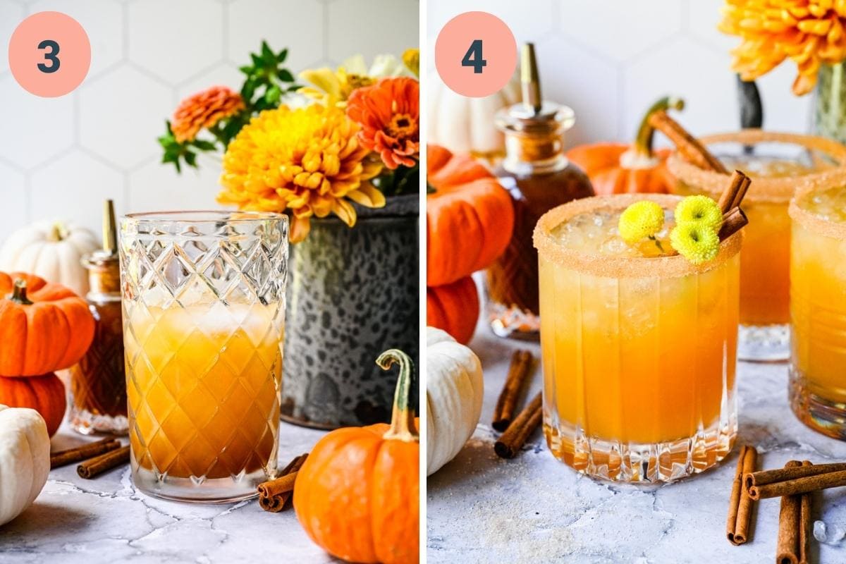 On the left: adding ingredients to cocktail shaker. On the right: finished cocktail in a glass.