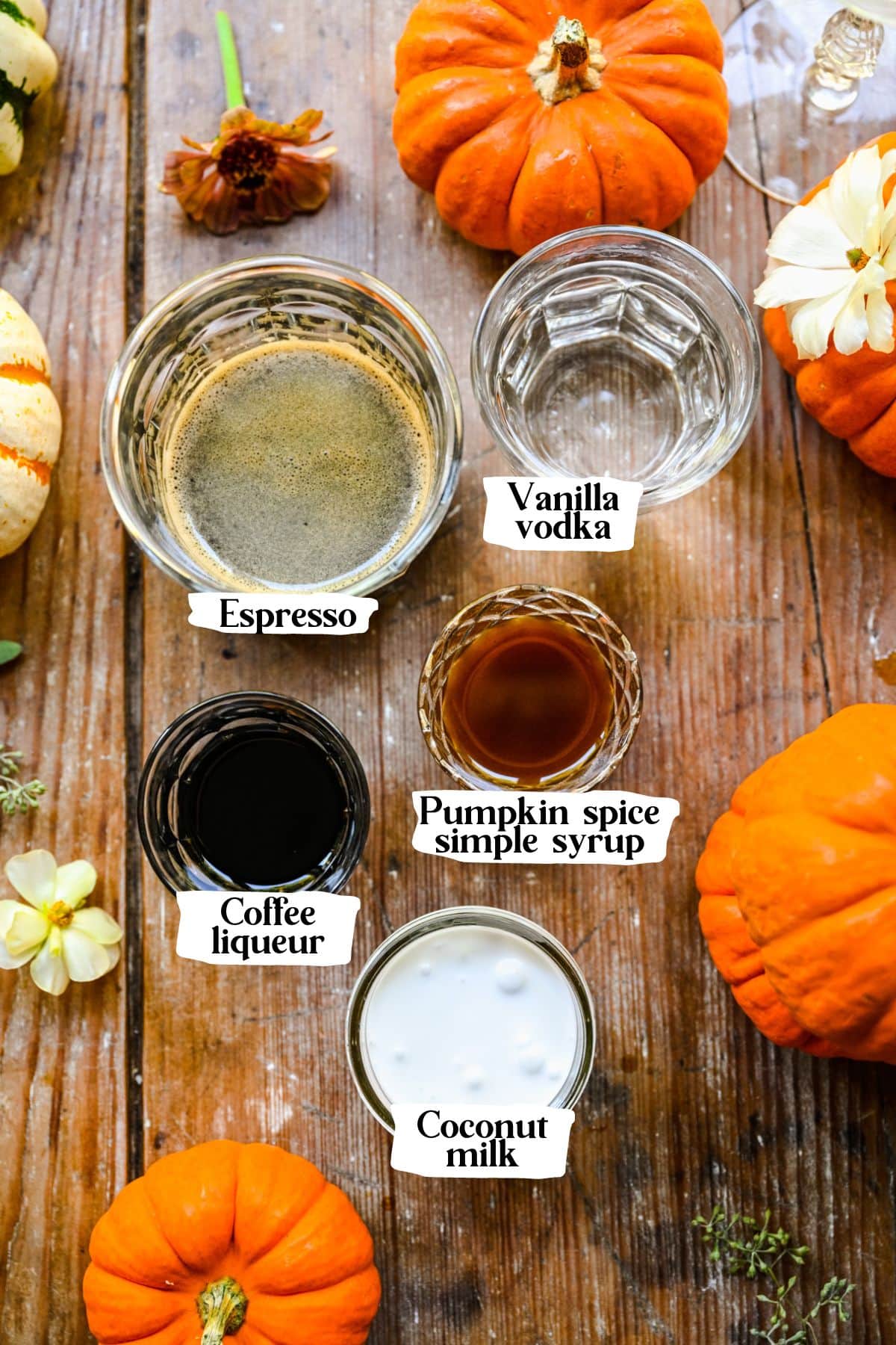 Overhead of pumpkin spice espresso martini ingredients including espresso and vodka.