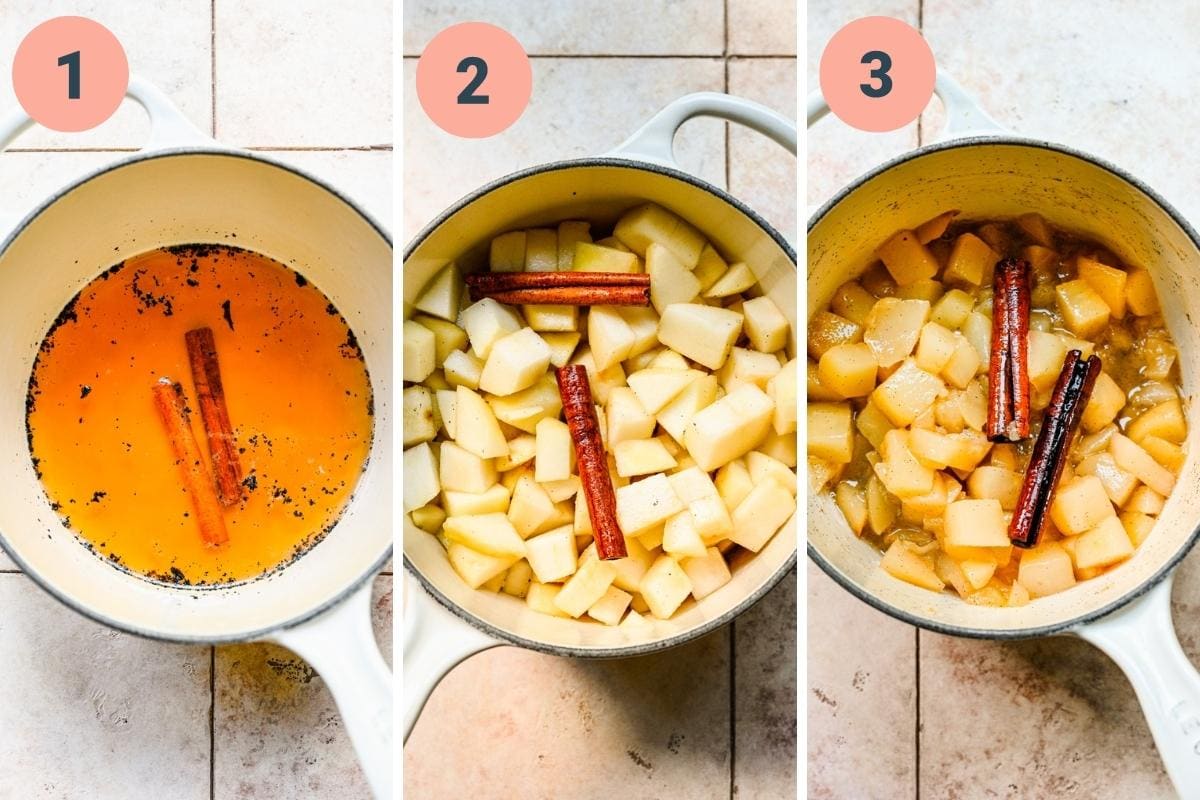 3 panel picture showing stewed pears being cooked in a saucepan.